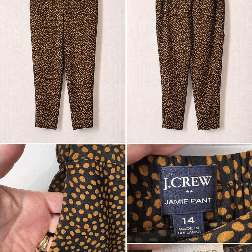J. Crew tapered trousers in black with mustard dot print
